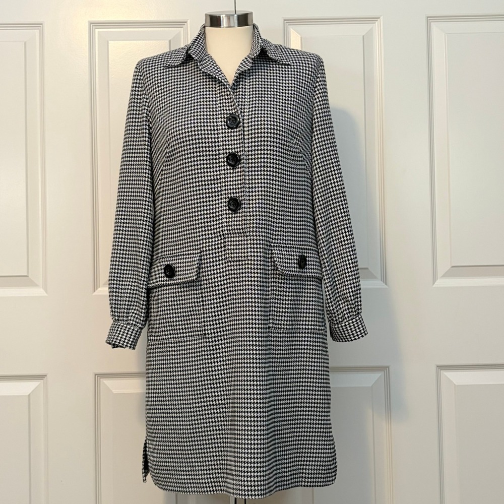 Talbots Petites Black White Houndstooth Button Front Coat Dress Womens 6P